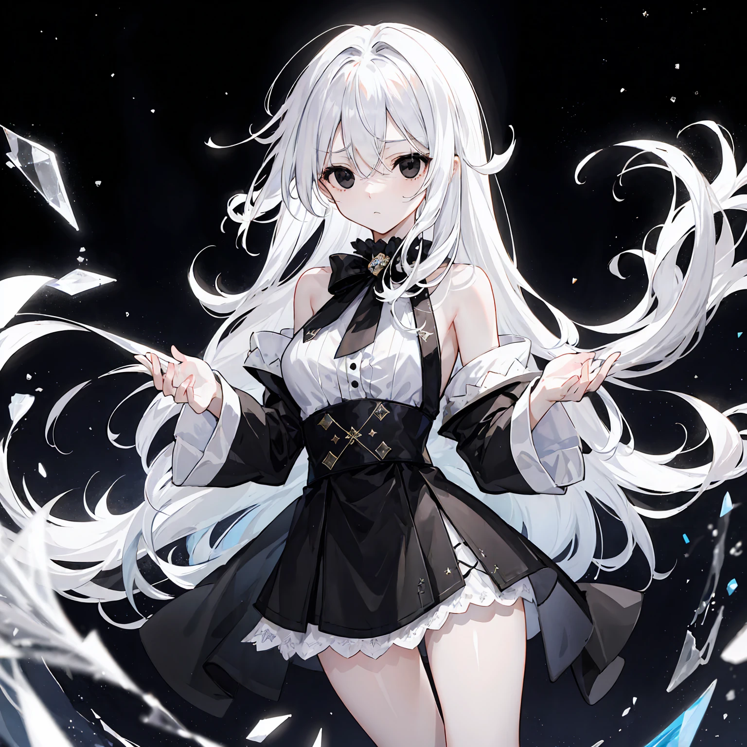 Light Gradient Hair,Asymmetrical hair,（（Thick hair 1.8，Clear head outline 1.6））， Shoulder-length hair, Messy hair, Very long hair, Shiny hair，(Long white hair:1.2),A beautiful girl，（Luxury Platinum Mini Lolita，Made of transparent material），（Transparent clothes transparent 1.8），Perfect body，High，Slender，(Looks sad，Looks haggard、Looks haggard、Pale nipples ，Grief，shut your mouth：1.2） Against the background of an unusually bright dark starry sky，stand up((Put your hands behind you:1.5))，（round,  Large target, Firm breasts），barefoot，float，water surface，（Long Law，Long Law，Long Law，Complete），Full body image，(Black eyes:1.5)