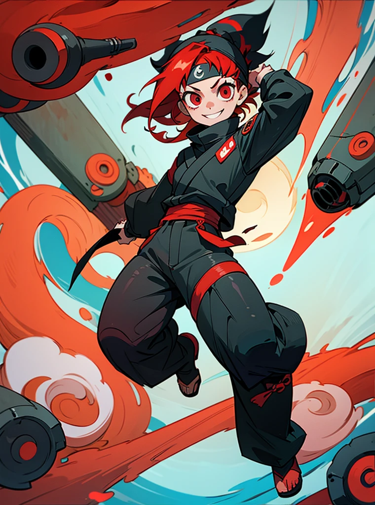 A girl with red hair and short red eyes, her face has a smile, her clothes are a white ninja and black lines, she wears a konoha bandana on her forehead along with a swirl symbol on her back, full body.