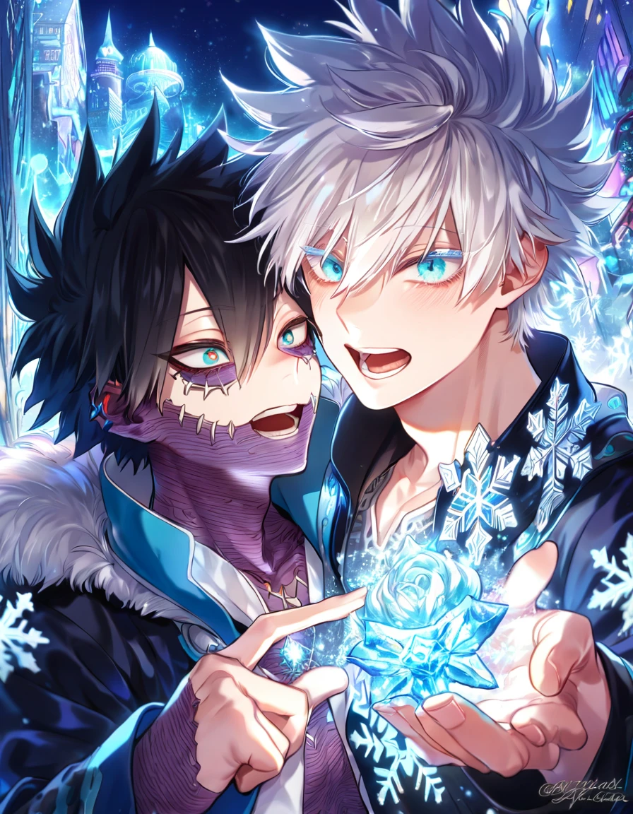 (absurdres, highres, ultra detailed, HDR) master piece, best quality, extremely detailed face, delicated features, Dabi, black hair, expressive turquoise eyes, Boku No Hero Academia, Gojou Satoru, white hair, expressive blue eyes, white eyelashes, two sexy men together, yaoi, gay couple, handsome, black coat, blue coat with fur, magical fantasy, glittering, sparkling, blue roses, radiant, blue sparkling fireflies, blue fire, envy magical, city, snowflakes, ice