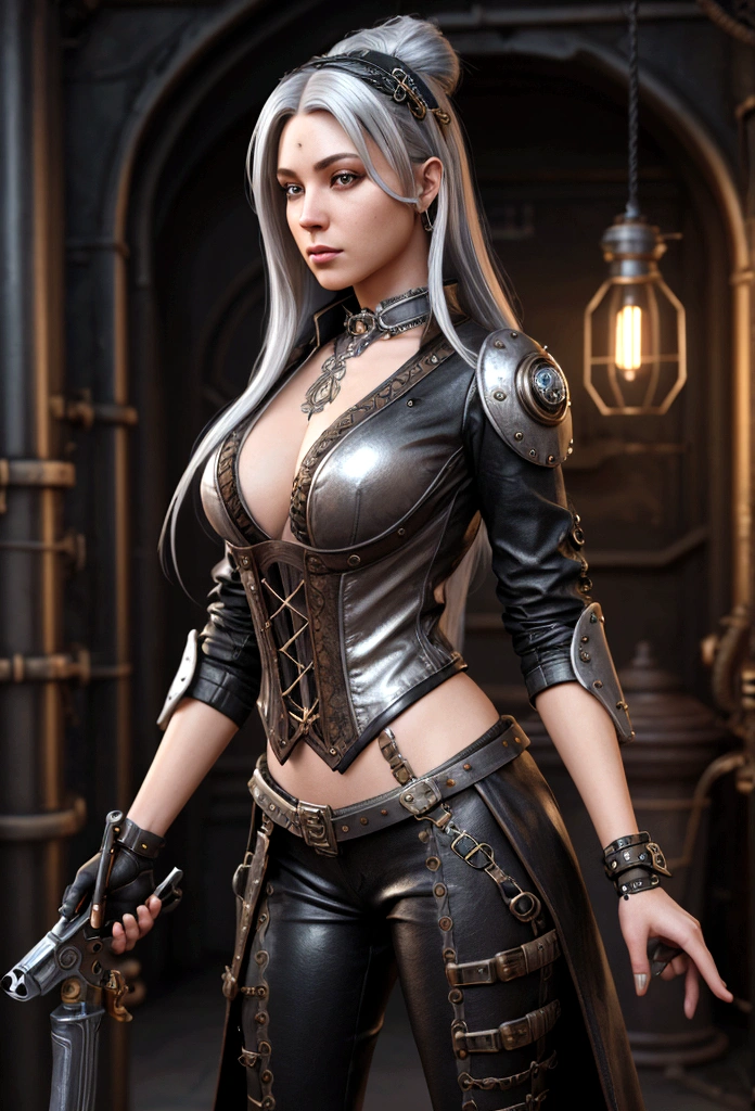 Very beautiful Steampunk lady, long silver hair, steampunk outfit and weapon, hyperrealism, photorealistic, 8k, unreal engine.