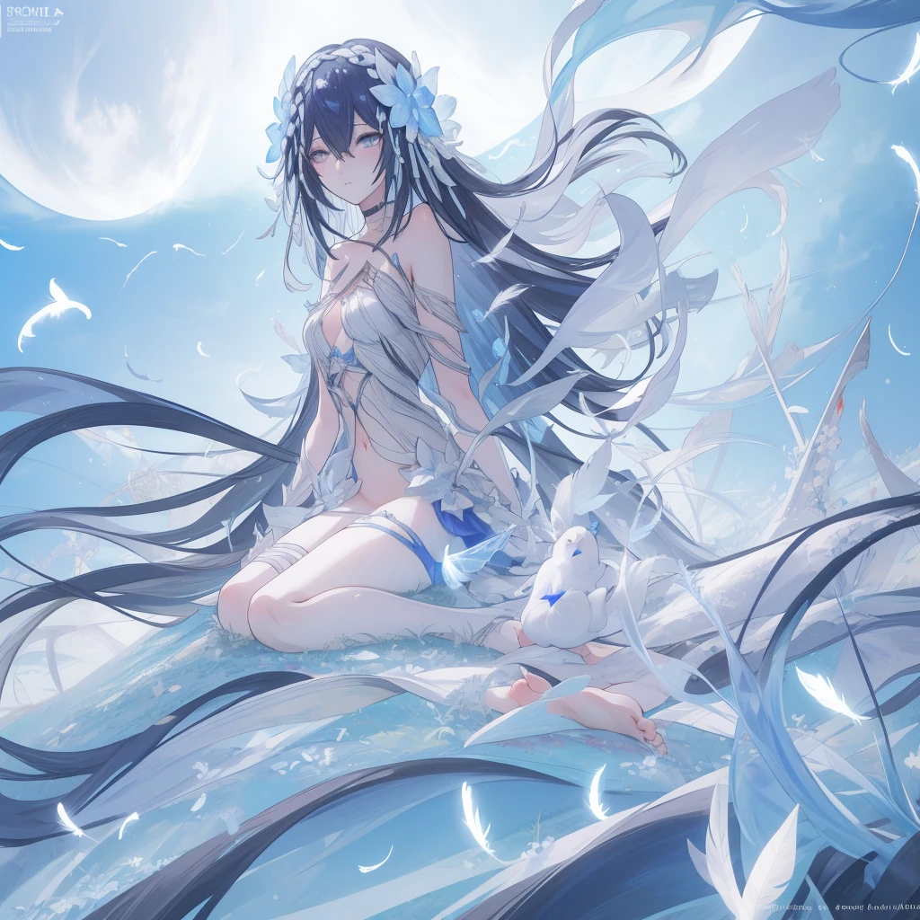 ((A very far view)) of a anime girl, (sitting in a grass field), cinematic light, slim body with curves, skin perfectly white, soft, and smooth, ((no nsfw)), Extremely delicate and beautiful CG illustration, best quality, high resolution, dynamic angle, full-length lens, (1 girl), floating, soft light, high-key lighting), glowing light, blue aura, feathers fluttering background, blue crystal, black long hair, barefoot