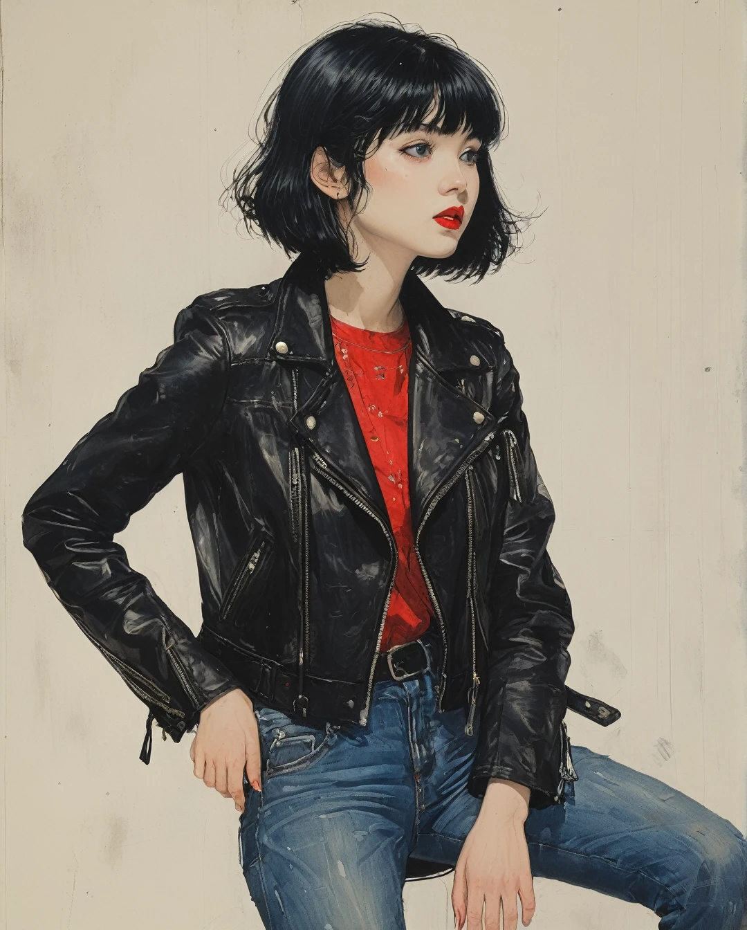 1 girl, pale skin, pixie short black hair with bangs , blue eyes, full red lips, leather jacket, tight leather jeans, tight black t-shirt , in the style of takato yamamoto ,