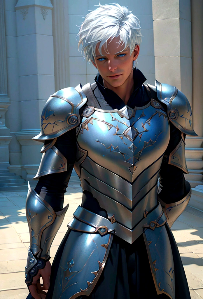 a handsome man with short hair,azure-colored armor, white hair,realm of the winds,beautiful blue eyes,charming,protagonist,(best quality,4k,8k,highres,masterpiece:1.2),ultra-detailed,(realistic,photorealistic,photo-realistic:1.37),digital painting,concept art,dramatic lighting,vivid colors,cinematic,intricate details,heroic
