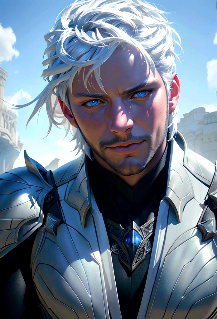 a handsome man with short hair,azure-colored armor, white hair,realm of the winds,beautiful blue eyes,charming,protagonist,(best quality,4k,8k,highres,masterpiece:1.2),ultra-detailed,(realistic,photorealistic,photo-realistic:1.37),digital painting,concept art,dramatic lighting,vivid colors,cinematic,intricate details,heroic
