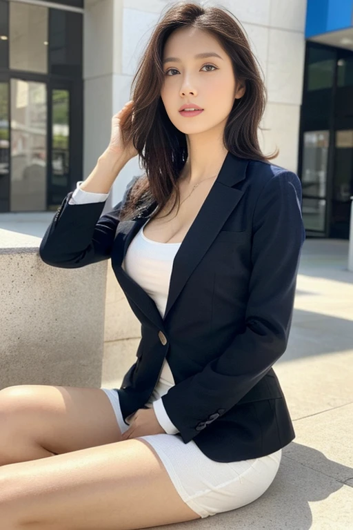 (Highest quality、Ultra-high resolution、masterpiece、8K、Realistic raw photo)、(Delicate face、Detailed eyes and face、Watery eyes、double eyelid、Glossy lips), ((1 girl)) 、Very beautiful woman、Slender、Slim Big、Sharp long legs、Alluring and sexy、(Brightly colored blazer:1.2)、(Brightly colored business pants:1.2)、(High heels)、Cleavage、High-definition skin texture、The wind is blowing、Sunlight shining、Modern architecture in the background、Above the knee shot、((Perfect Anatomy、Anatomically correct:1.2))
