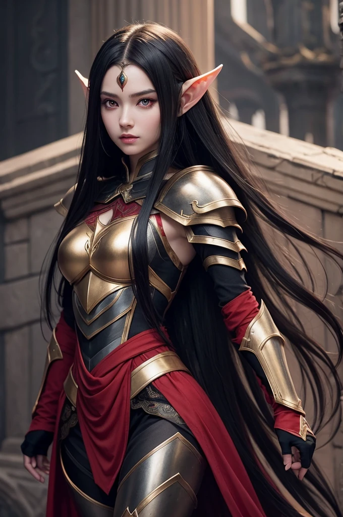 Elf with long black hair and red eyes, Caucasian skin, dressed in very beautiful effective armor, not anime style