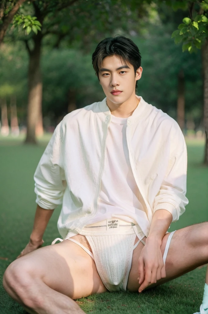 Asian muscular boy sitting on grass, sexy, Dark eyebrows, white shirt, wearing white thong high cut underwaer, white high cut Jockstrap, muscular young male, mid shot portrait, high quality portrait, Attractive pose, cute young man, gorgeous young model, portrait a 25 - year - old boy, casual photography, Realistic. Cheng Yi, cute young man, ((wearing micro string thong))