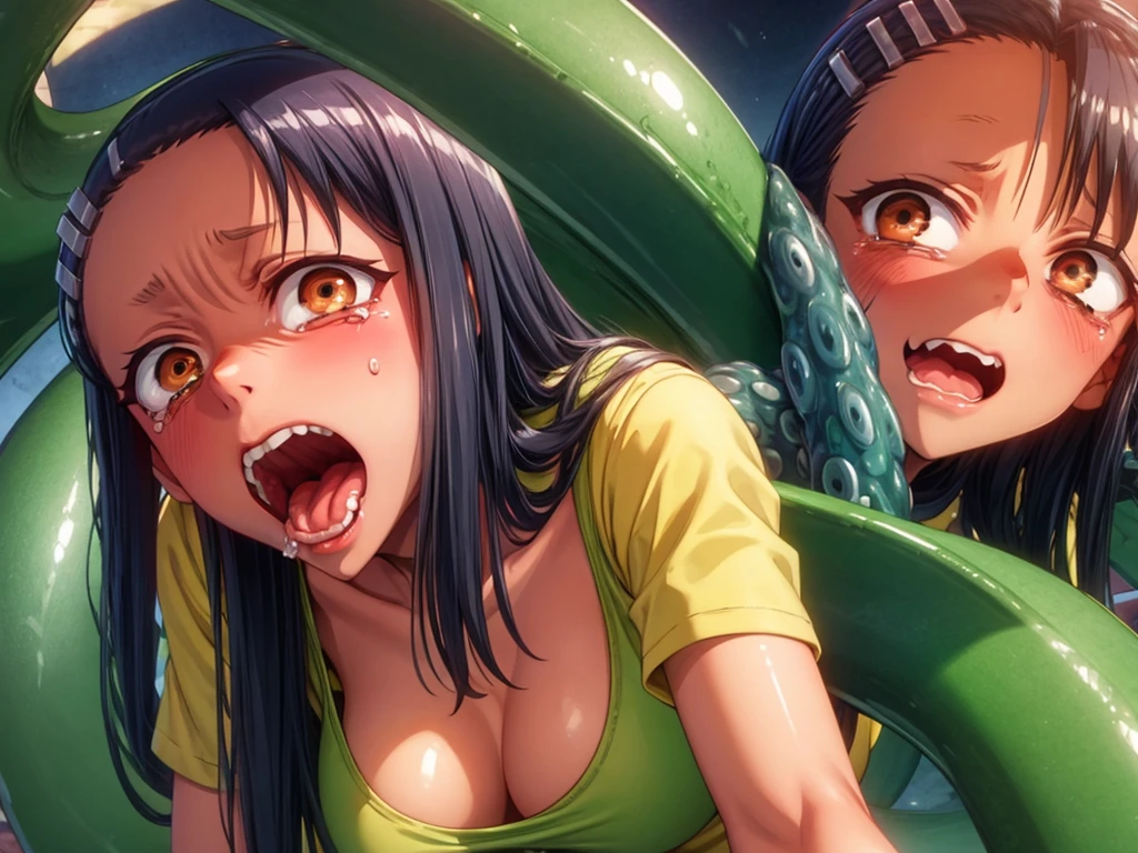 Thick giant chick leaning forward tentacle pops out from within her mouth, crying eyes