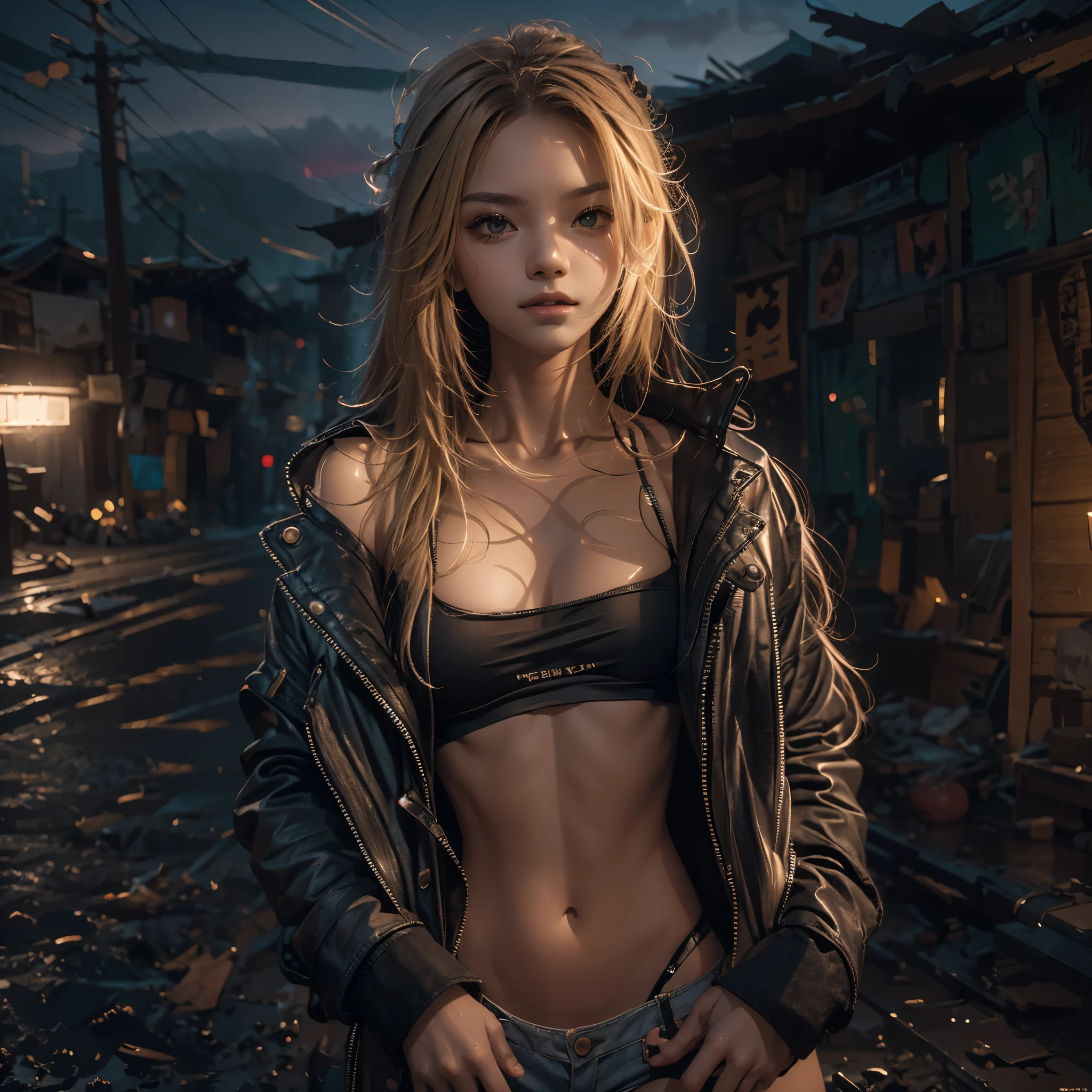 Night time, darkness, Lighting from windows, ray-traced lighting, warm glow. 
masterpiece, 1 female，, Raw photo，Photorealism，High resolution，Best Quality，High Definition, Perfect composition, 
Perfect face, Perfect body, 32K，
Cinematic lighting，torn and ripped clothing, jacket open, naked chest, Real Girl，blond，Slum street background, messy hair, 
seductive, lust, lit from the building lights, glow side, stunning
