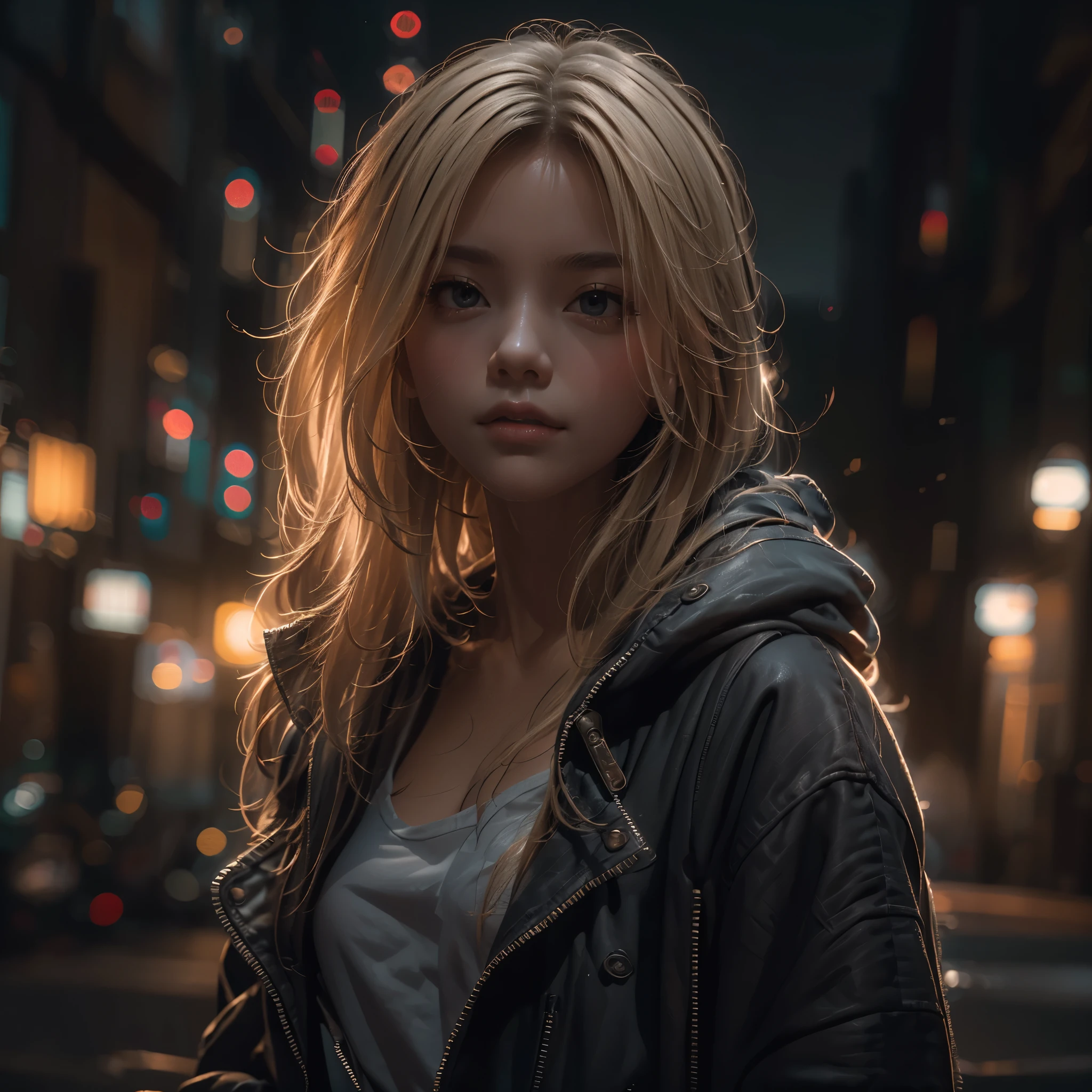 Night time, darkness, Lighting from windows, ray-traced lighting, warm glow. 
masterpiece, 1 female，13 years old, Raw photo，Photorealism，High resolution，Best Quality，High Definition, Perfect composition, 
Perfect face, Perfect body, 32K，
Cinematic lighting，torn and ripped clothing, jacket open, naked chest, Real Girl，blond，Slum street background, messy hair, 
seductive, lust, lit from the building lights, glow side, stunning
