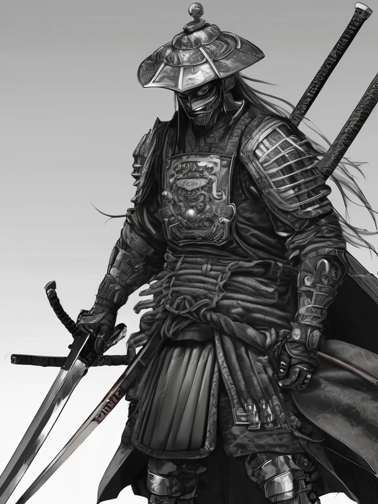 Cyber samurai, Cyber ronin, He shines his katana, samurai armor, Metal plates, ropes, Chinese cap lackla, lackla, lack, Many cut fabrics on his clothes,