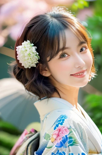 (Light makeup)、(top-quality,​masterpiece:1.3,超A high resolution,),(Ultra-detail,Caustics),(Photorealsitic:1.4,RAW shooting,)Ultra-realistic capture,（32ｋ,high detal,high-detail、​masterpiece,Attention to detail,full body Esbian,solo,Lori：1.6),Raw photo & realistic atmosphere,beautiful dark blue eyes,Detailed mouth,Glossy lips,Detailed eyebrows,Eyes drawn in detail with soft white skin that shines with every detail)、、 (Skin texture is natural、、The skin looks healthy with an even tone、 Use natural light and color, japanese, A dark-haired, long hair,(depth of fields、realisitic、8K UHD、hight resolution、(1girl in:1.2)、The ultra-detailliert、High quality textures、very detailed CG、High quality shadows, A dark-haired、Kyo-Yuzen、blue Kimono、park background , (Super cute face in idol style:1.4)、slim and beautiful figure、A smile、full body Esbian:1.2, Japanese woman in kimono, 25 years old, hydrangeas flower background, standing under hydrangeas flower, cold lighting, rainning day, wet floor, big smile, kimono