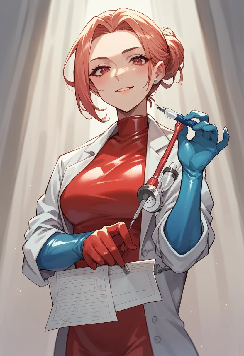 1girl, ((blue elbow gloves)), ((surgical gloves)), ((latex gloves)), ((long sleeves)) ((red surgeon outfit)), looking at viewer, ((doctor)), standing, solo