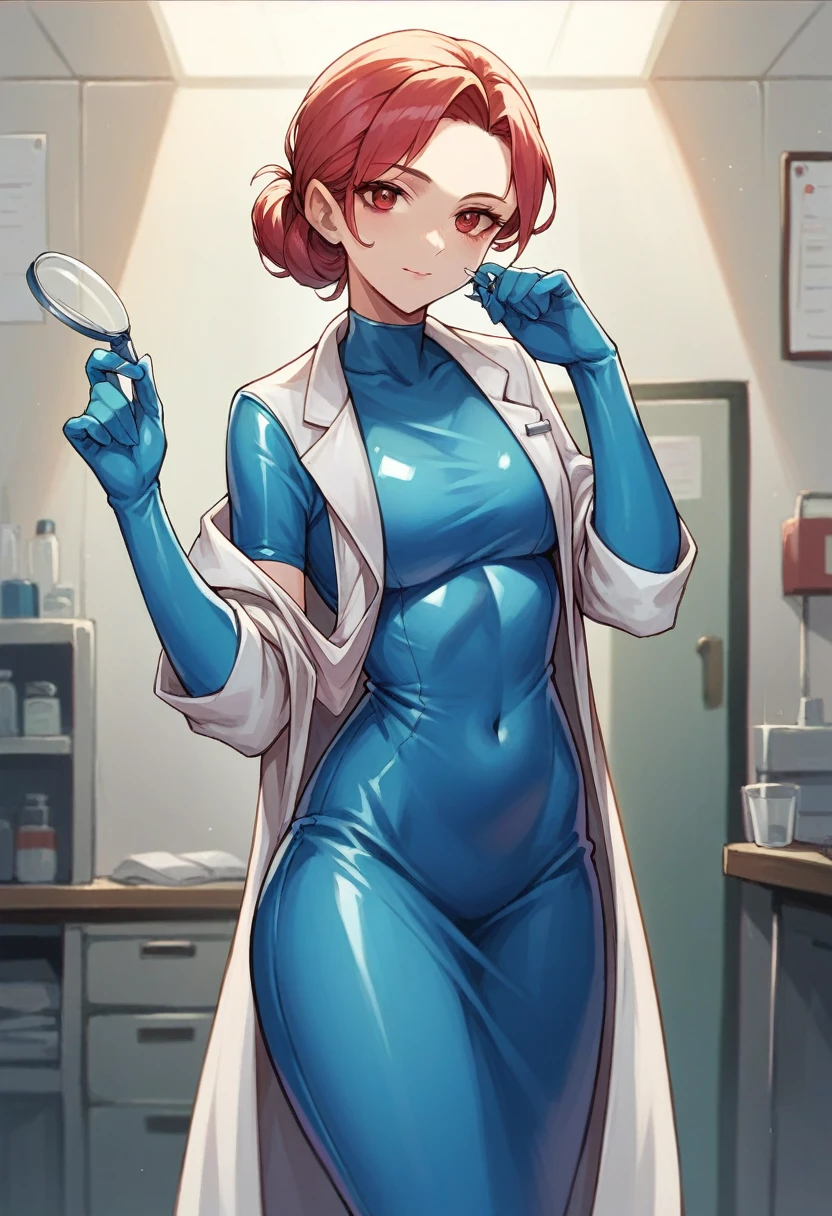 1girl, ((blue elbow gloves)), ((surgical gloves)), ((latex gloves)), ((long sleeves)) ((red surgeon outfit)), looking at viewer, ((doctor)), standing, solo