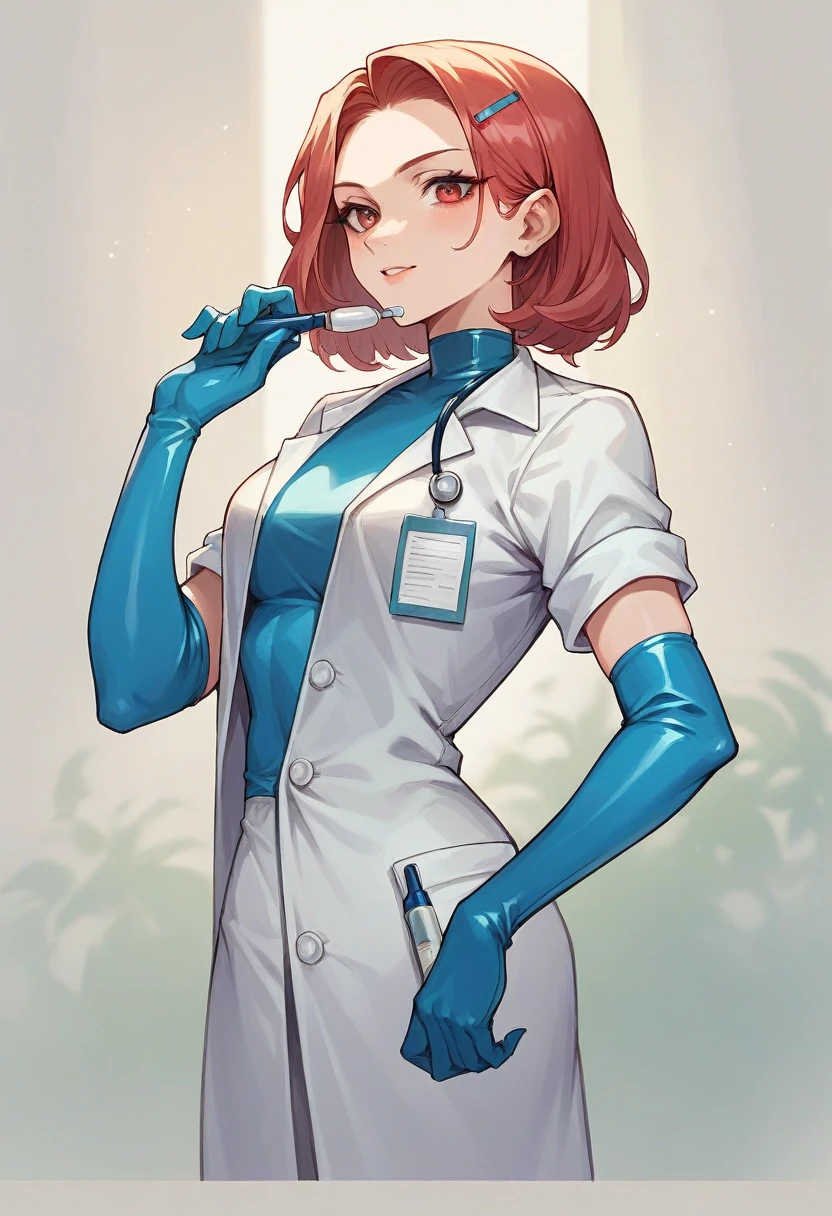 1girl, ((blue elbow gloves)), ((surgical gloves)), ((latex gloves)), ((long sleeves)) ((red surgeon outfit)), looking at viewer, ((doctor)), standing, solo