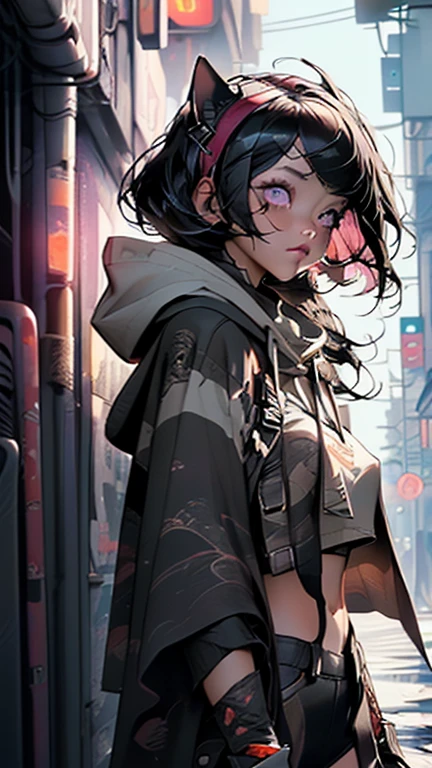 spacepunk girl, (1 girl:1.3), ((1 anime girl with extremely cute and beautiful black hair artificial cat ears walking seducerly down the street)),

(breasts big:1.4), saggy breasts, (((black wavy bob hair:1.35, bangss;1.35 messy hair, bangss;1.35,  colored inner hair, ear breathing))), (((artificial cat ears, artificial cat ears on head, Big cat ears))), ((pink eyes:1.3, upturned eyes:1.3, perfects eyes ,beautiful detailed eyes, rainbow sparkles ultra-detailed deep pink purple eyes:1.1, gradient eyes:1, beautiful finely detailed eyes:1, symmetrical eyes:1, big highlight on eyes:1.2)), (fatter:1.2),  7.5 real size, (((shining skin:1.5, shining skin: 1.5, skin tanned, shining skin, very shining skin, shinny body, plastic glitter skin, exaggerated shining skin))), (spider lower abdomen, narrow waisted, wide hip, athletic body, inflated legs, delicate and detailed fingers, body detailed, detailed arms, human hands, detailed hands,), 

cute, slutty, seducer, Erotic, nsfw, 

zetai ryouiki, revealing clothing, show the skin, ((((below the chest)))), (wearing mechanical space armor:1.3, mechanical thongs,  naked legs), ((((crop top hooded cloak, cropped hooded cloak, hooded cloak))), (detailed outfit, detailed clothing),

(dynamic pose:1.0), focus only, embarrased, centred, scale to fit dimensions, rule of thirds,

plein-air, (cyberpunk background: 1.5, detailed back ground:1.25),

(isometric: 1.0), double exposure, (work of art, best qualityer:1.3), (high resolution:1.5), absurderes, ultra detaild, cinematic light, realisitic, ultra-realisitic, hight contrast, extraordinarily cool, swirly vibrant colors,  (intricate), hdr (high-range dynamics),ray tracing,nvidia RTX,Super-resolution,Irreal 5,Subsurface Dispersion, PBR Texture, Post-processing, Anisotropic filtering, Depth of field, Maximum cl