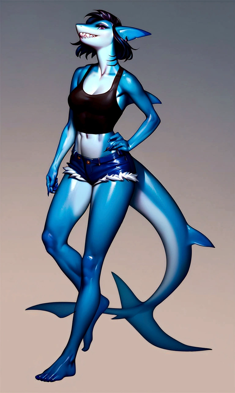 score_9, score_8_up,score_7_up,source_furry, source_ anime, human,anthro, 1girl, solo, beautiful_and_delicate, human, anthro, anthromorph, anthro-shark, anime_girl, glossy_skin, Blue_skin, shark_tail, sharp_teeth,Black crop top, blue jean shorts, water_theme, cowboy_shot, full body view
