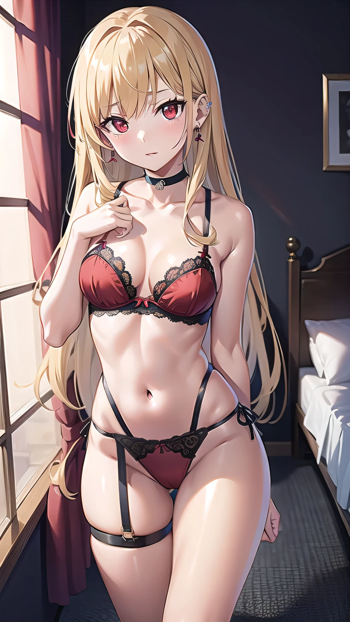marinkitagawa, marin kitagawa, blonde hair, choker, ear piercing, earrings, long hair, piercing, (red eyes:1.5), straight hair, swept bangs,skinny fit, small ass,long legs, sexy lingerie,lace bra,lace panties.cleavege,neckline,black choker,stocking suspenders, BREAK indoors, room,bed,candles,night,windows, BREAK looking at viewer, BREAK (masterpiece:1.2), best quality, high resolution, unity 8k wallpaper, (illustration:0.8), (beautiful detailed eyes:1.6), extremely detailed face, perfect lighting, extremely detailed CG, (perfect hands, perfect anatomy), from above,bend over,on knees.