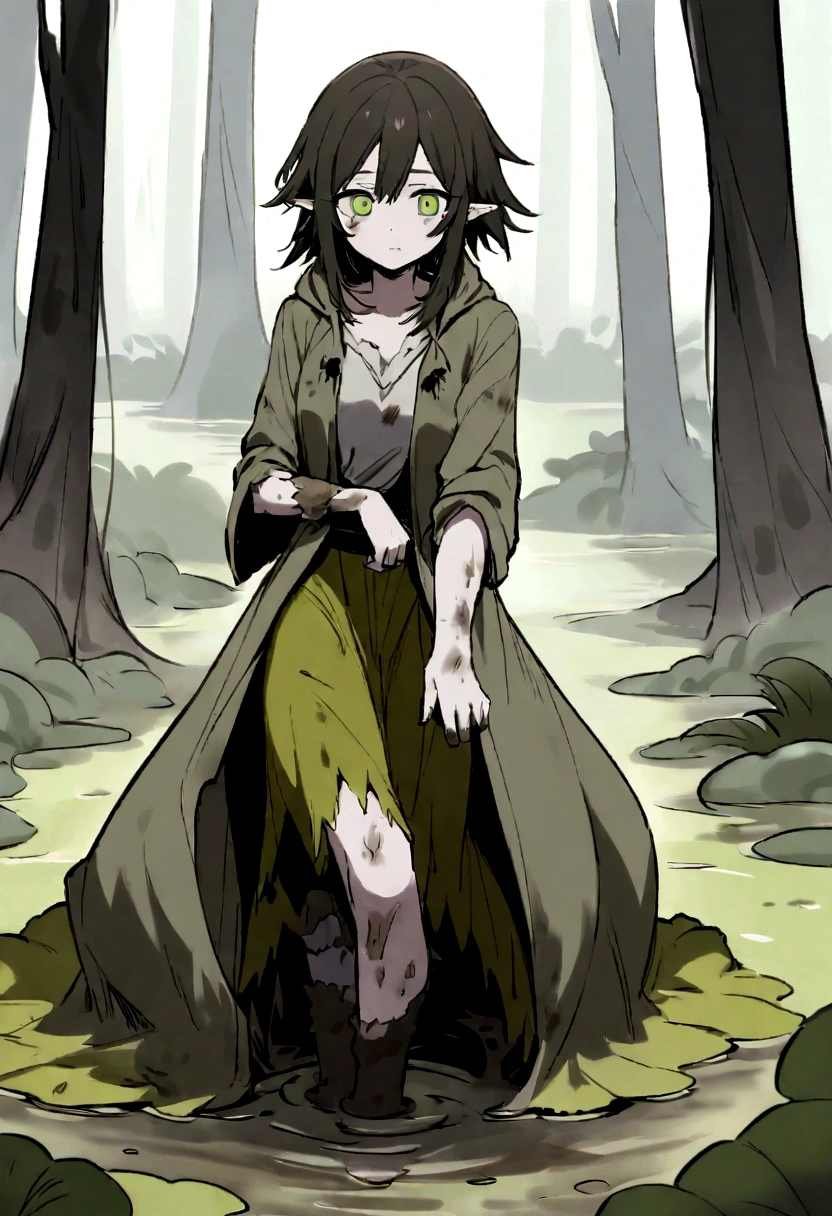 an corrupeted swamp nymph her skin is grey pale, green spectral eyes, short messy brunette hair. she's wearing a overcoat dirty in mud and a long ragged skirt. there's mud on her arm and leg.