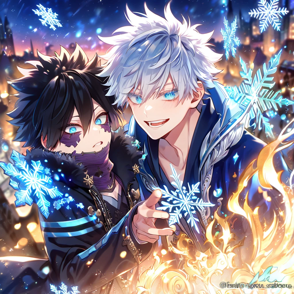 (absurdres, highres, ultra detailed, HDR) master piece, best quality, extremely detailed face, delicated features, Dabi, black hair, expressive turquoise eyes, Boku No Hero Academia, Gojou Satoru, white hair, expressive blue eyes, white eyelashes, two sexy men together, yaoi, gay couple, handsome, black coat, blue coat with fur, magical fantasy, glittering, sparkling, blue roses, radiant, blue sparkling fireflies, blue fire, envy magical, city, snowflakes, ice