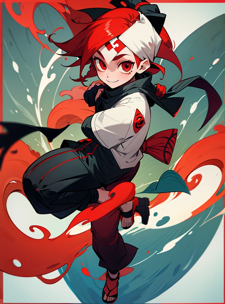 A girl with red hair and short red eyes, her face has a smile, her clothes are a white ninja and black lines, she wears a konoha bandana on her forehead along with a swirl symbol on her back, full body. 