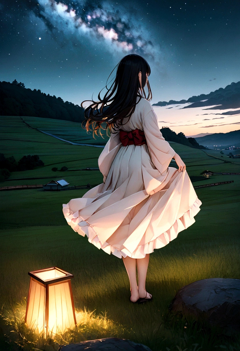 Beautiful woman、Japanese、Highest quality、8hair、Original photo、dream、I want to、night、invalid、Rear View、星invalid、nightの風景、To imitate、Sit on a hill、Rear View、