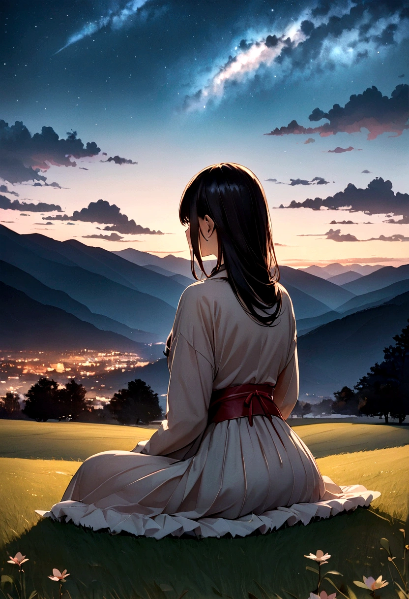 Beautiful woman、Japanese、Highest quality、８hair、Original photo、dream、I want to、night、invalid、Rear View、星invalid、nightの風景、To imitate、Sit on a hill、Rear View、