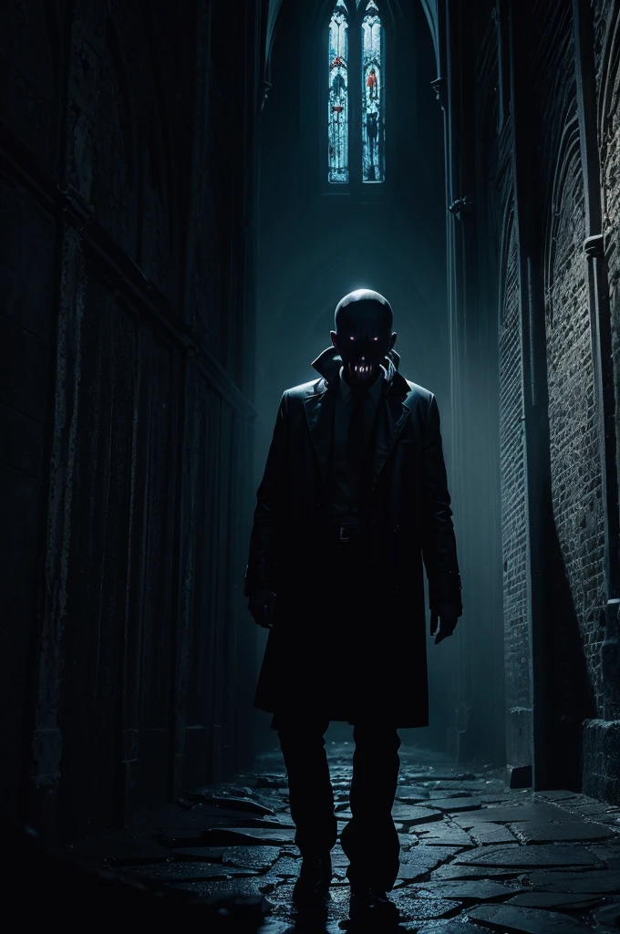 Scared panicked man swallowed by a wall of a dark cathedral in the dark and ominous night