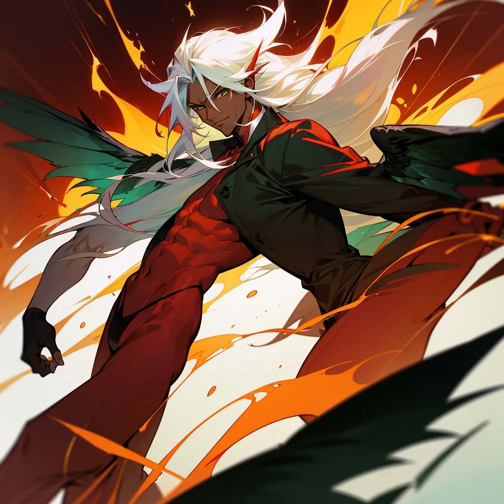 Male character, handsome, dark skin, black wings, wearing a red suit, long white hair, emerald green eyes, his appearance is the fire demon Ifrit.