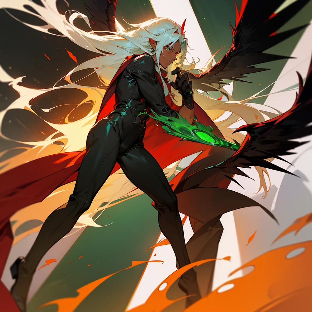 Male character, handsome, dark skin, black wings, wearing a red suit, long white hair, emerald green eyes, his appearance is the fire demon Ifrit.