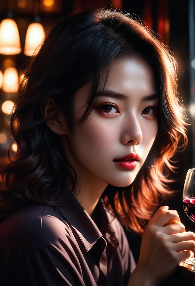 (best quality,high resolution,masterpiece:1.2),Extremely detailed,(Practical,Reality,Photo-realistic:1.37),Sad Asian woman sitting in a dim cafe at night，holding a glass of red wine，Dark room，(Backlit portrait:1.5),Darkroom Portraits,Close-up of woman with hair,Darkroom scene,The trait of a mysterious woman,outlined silhouettes,Backlit hair,Girl with glowing lens flare,High contrast portrait,dramatic backlight,Light shines on the face,Mysterious portrait,Silhouette of a woman,飘逸的Backlit hair