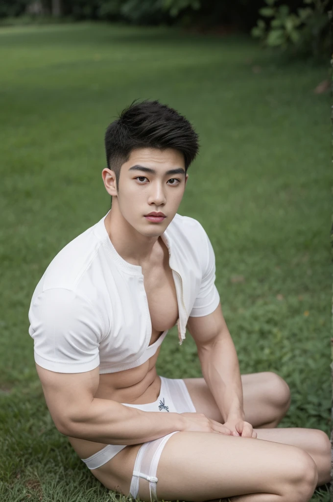 Asian muscular boy sitting on grass, sexy, Dark eyebrows, white shirt, wearing white thong high cut underwaer, white high cut Jockstrap, muscular young male, mid shot portrait, high quality portrait, Attractive pose, cute young man, gorgeous young model, portrait a 25 - year - old boy, casual photography, Realistic. Cheng Yi, cute young man, ((wearing micro string thong))
