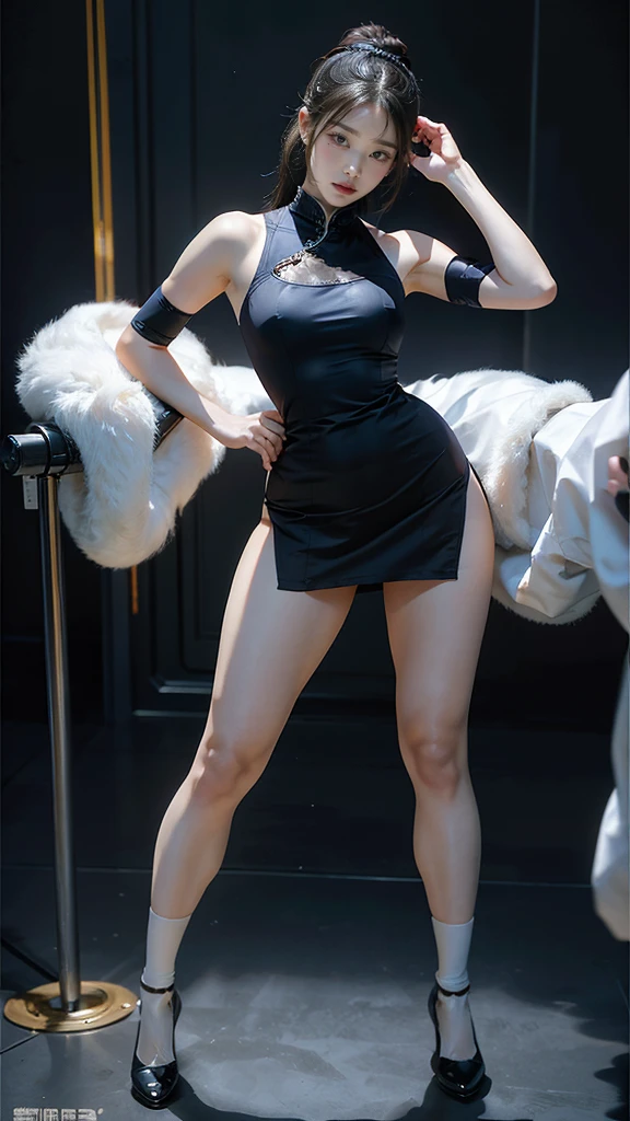 Chun-Li, wide hips, attractive, long legs, beautiful eyes, Beautiful whole body, small breasts, short lace dress, tempting, Abs, Plump body shape, thick calves, thick thighs, black hair, red eyes, black stockings