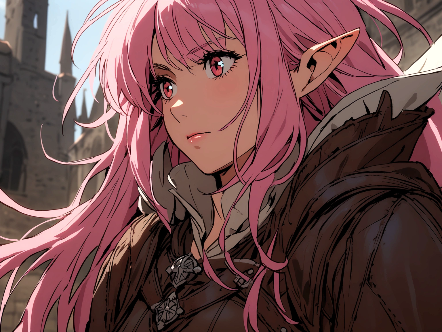  woman with pink hair pointy ears, red skinned, wearing medieval leather clothing