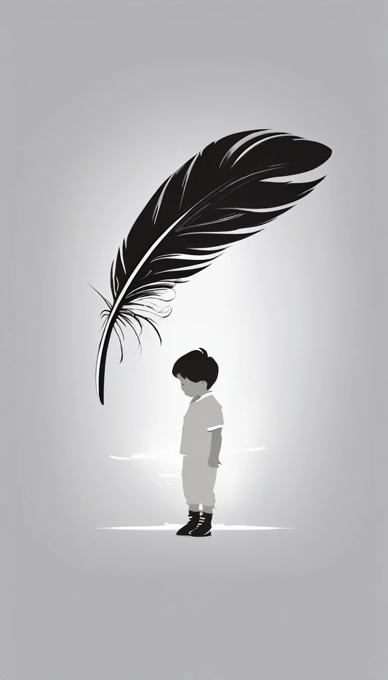 A minimalist, fantastic, poetic, dreamy, captivating, memorable, masterpiece, modern, simple logo design of a boy and a feather for the brand “Penamemoria". The logo must convey a sense of music, stories and dreams. Minimalistic logo design of a boy and a feather.