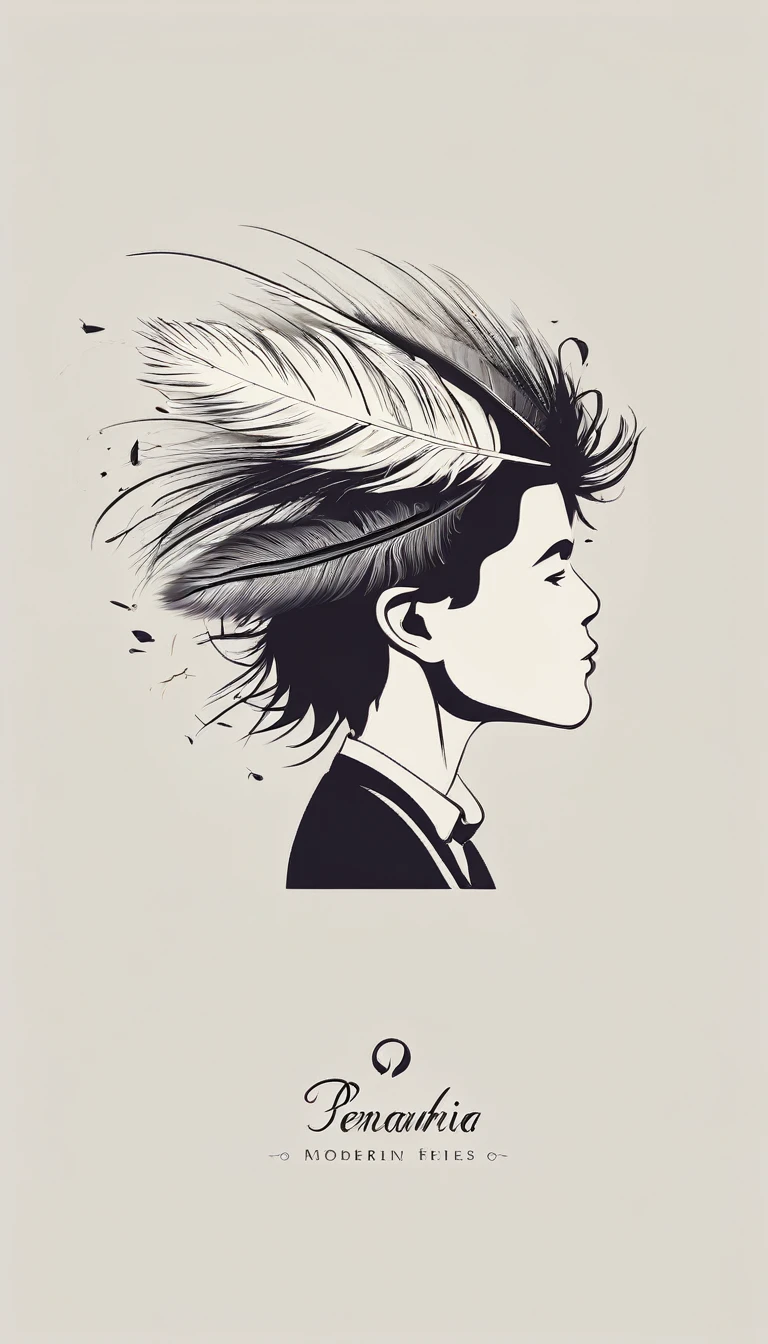 A minimalist, fantastic, poetic, dreamy, captivating, memorable, masterpiece, modern, simple logo design of a boy and a feather for the brand “Penamemoria". The logo must convey a sense of music, stories and dreams. Minimalistic logo design of a boy and a feather.