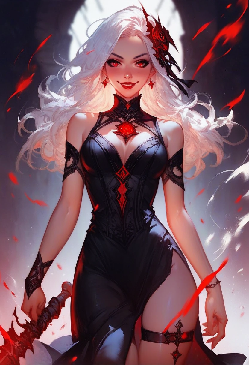 score_9, score_8_up, score_7_up, score_6_up, score_5_up, score_4_up,1girl, vampire, dark dress, thigh strap, red lips, blush, smile, white hair, red eyes,fantasy,solo focus,epic