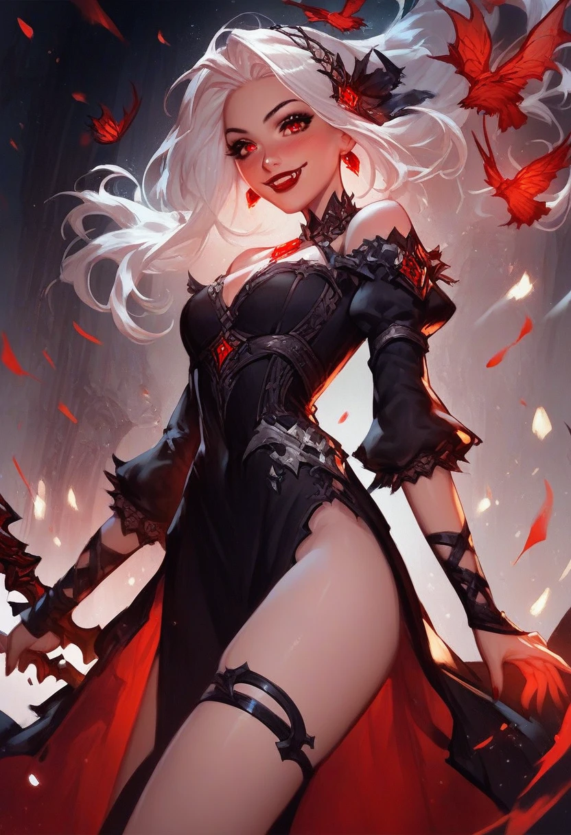 score_9, score_8_up, score_7_up, score_6_up, score_5_up, score_4_up,1girl, vampire, dark dress, thigh strap, red lips, blush, smile, white hair, red eyes,fantasy,solo focus,epic