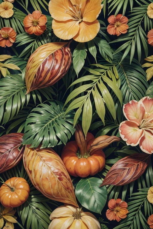 a seamless pattern, watercolor painting of branches of cocoa and orange, detailed botanicals, lush greenery, vibrant colors, soft textures, intricate details, natural composition, high quality, masterpiece, photo-realistic, 8k, professional art
