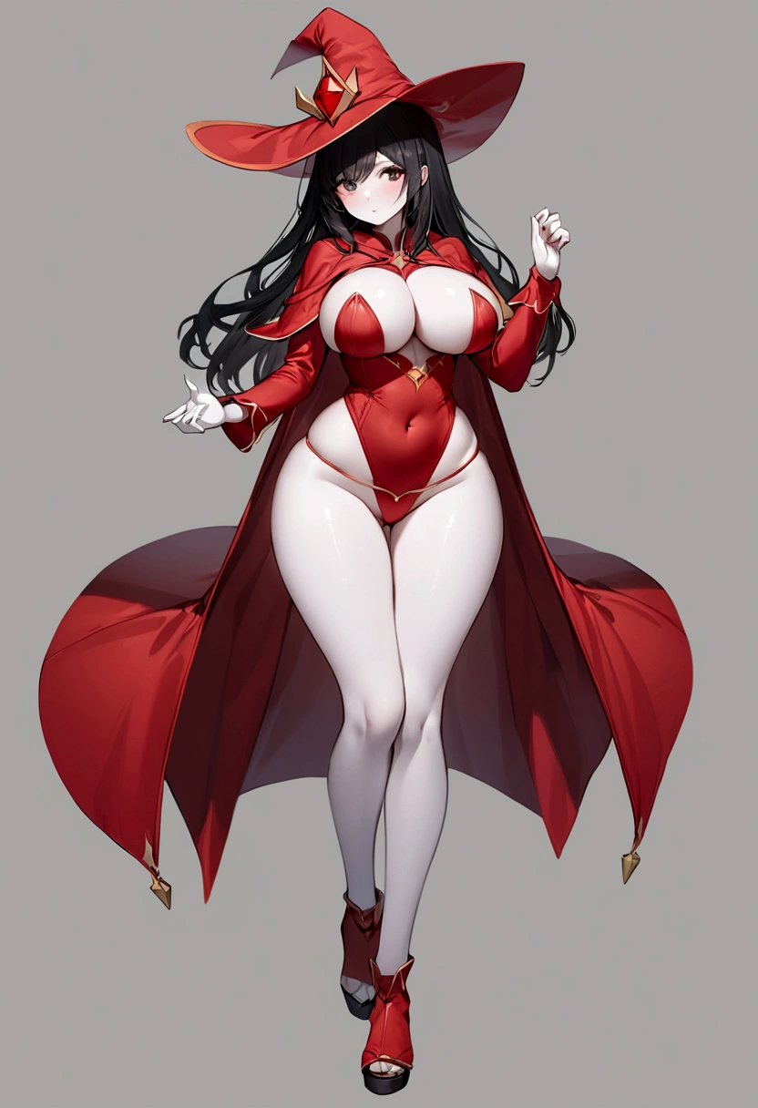 ((best quality)), ((masterpiece)), (detailed), 1girl, full body, long black hair, full body, skimpy red mage clothes, big d-cup breasts, round hips, white skin, blank gray background, mage attack pose