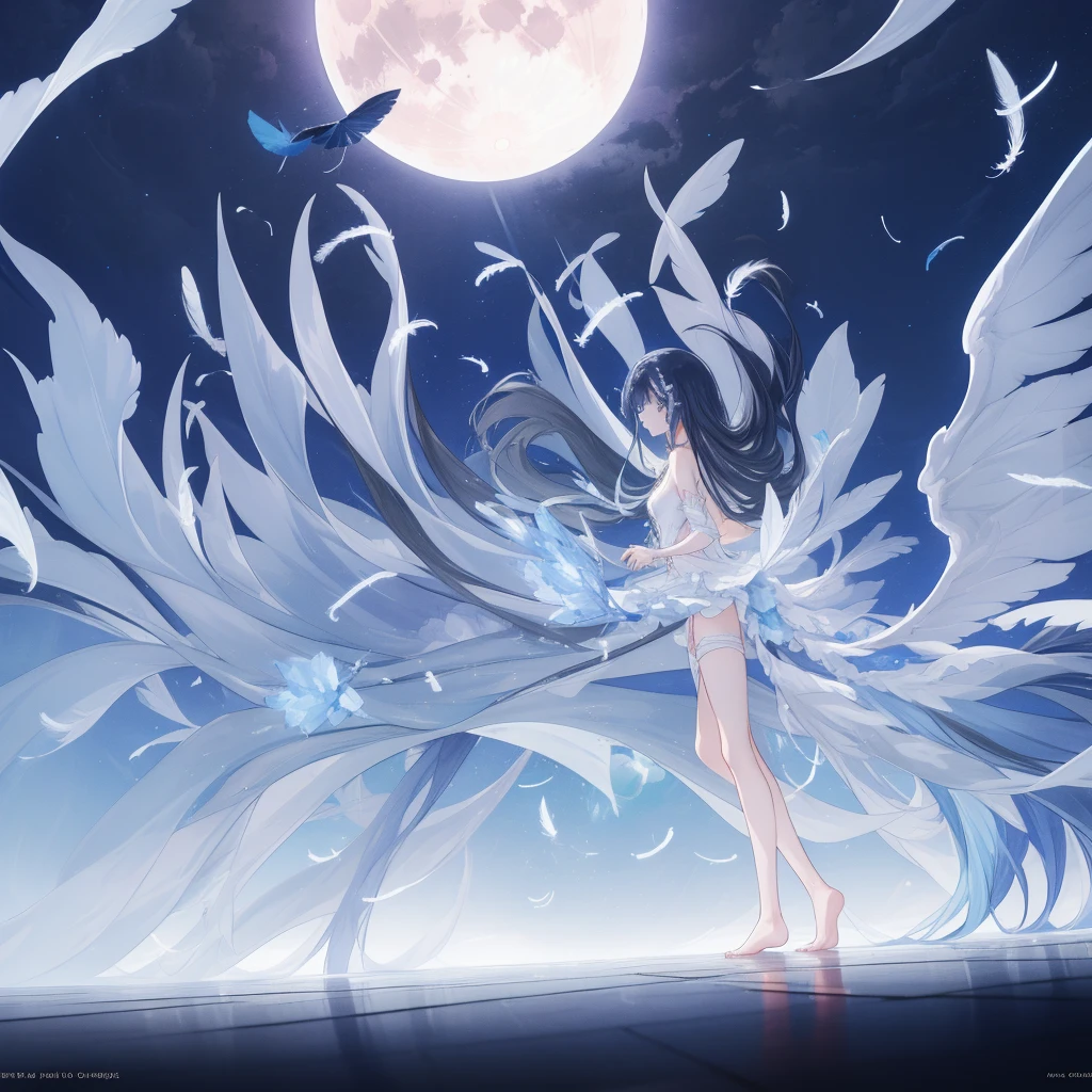 ((A very far view)) of a anime girl, (standing in the moon), cinematic light, slim body with curves, skin perfectly white, soft, and smooth, Extremely delicate and beautiful CG illustration, best quality, high resolution, dynamic angle, full-length lens, (1 girl), soft light, high-key lighting), glowing light, blue aura, feathers fluttering background, blue crystal, black long hair, barefoot