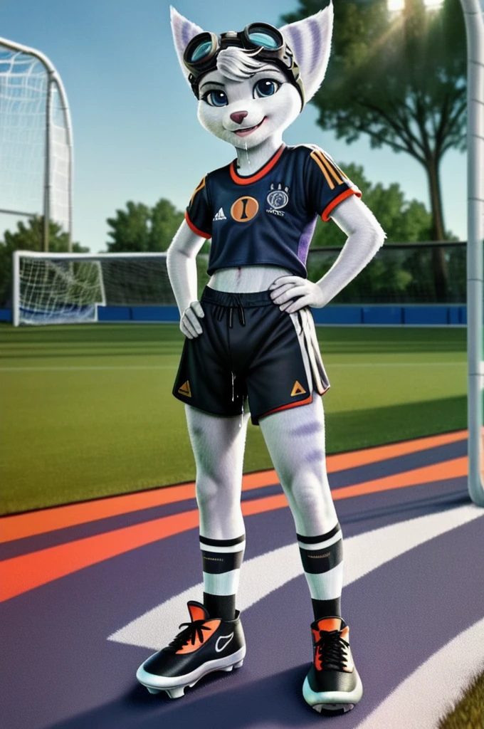 Rivet, tail, furry girl, 1girl, solo, young, (((Germany soccer shorts))), (((Germany soccer shirt))), (((Germany soccer shoes))), standing inside city park, detailed body fur, detailed body, detailed eyes, detailed face, athletic, skinny, high quality, masterpiece, small breasts, goggles, :D, looking at you, full body, ((good lighting on crotch)), (aroused), (horny), (bedroom eyes), ((vaginal juice dripping from crotch))