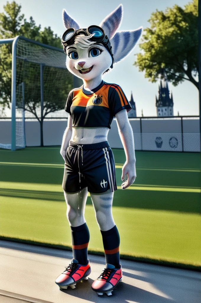 Rivet, tail, furry girl, 1girl, solo, young, (((Germany soccer shorts))), (((Germany soccer shirt))), (((Germany soccer shoes))), standing inside city park, detailed body fur, detailed body, detailed eyes, detailed face, athletic, skinny, high quality, masterpiece, small breasts, goggles, :D, looking at you, full body, ((good lighting on crotch)), (aroused), (horny), (bedroom eyes), ((vaginal juice dripping from crotch))