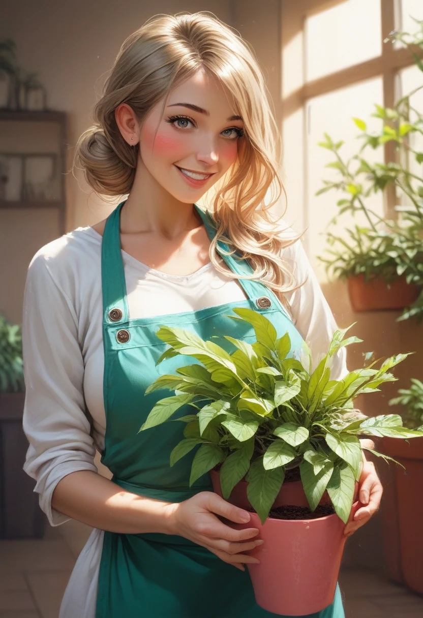 1lady solo, /(stylish outfit/) apron, mature female, /(light brown hair/) bangs, blush kind smile, (eyes sparkling with excitement), (masterpiece best quality:1.2) delicate illustration ultra-detailed, large breasts BREAK (holding a small plant pots) BREAK (fashionable general store:1.1) indoors, (many vibrant plants/), score_9, score_8_above, score_7_above, 1girl, realistic, Girlrealistic skin texture, detailed picture, close-up, HD32k