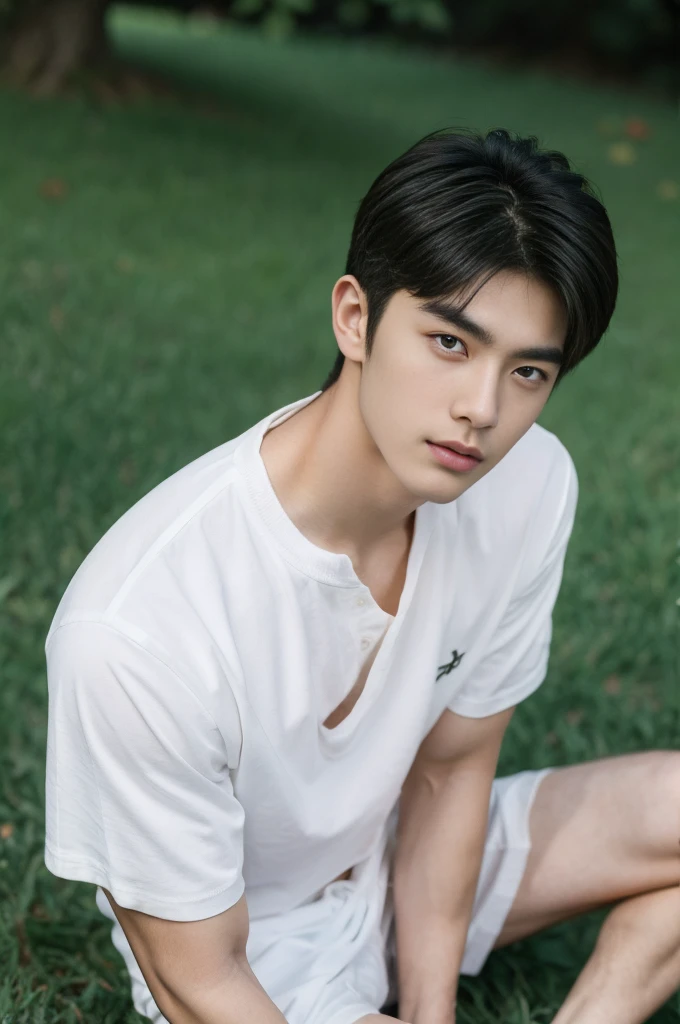 Asian muscular boy sitting on grass, sexy, Dark eyebrows, white shirt, wearing white thong high cut underwaer, white high cut Jockstrap, muscular young male, mid shot portrait, high quality portrait, Attractive pose, cute young man, gorgeous young model, portrait a 25 - year - old boy, casual photography, Realistic. Cheng Yi, cute young man, ((wearing micro string thong))