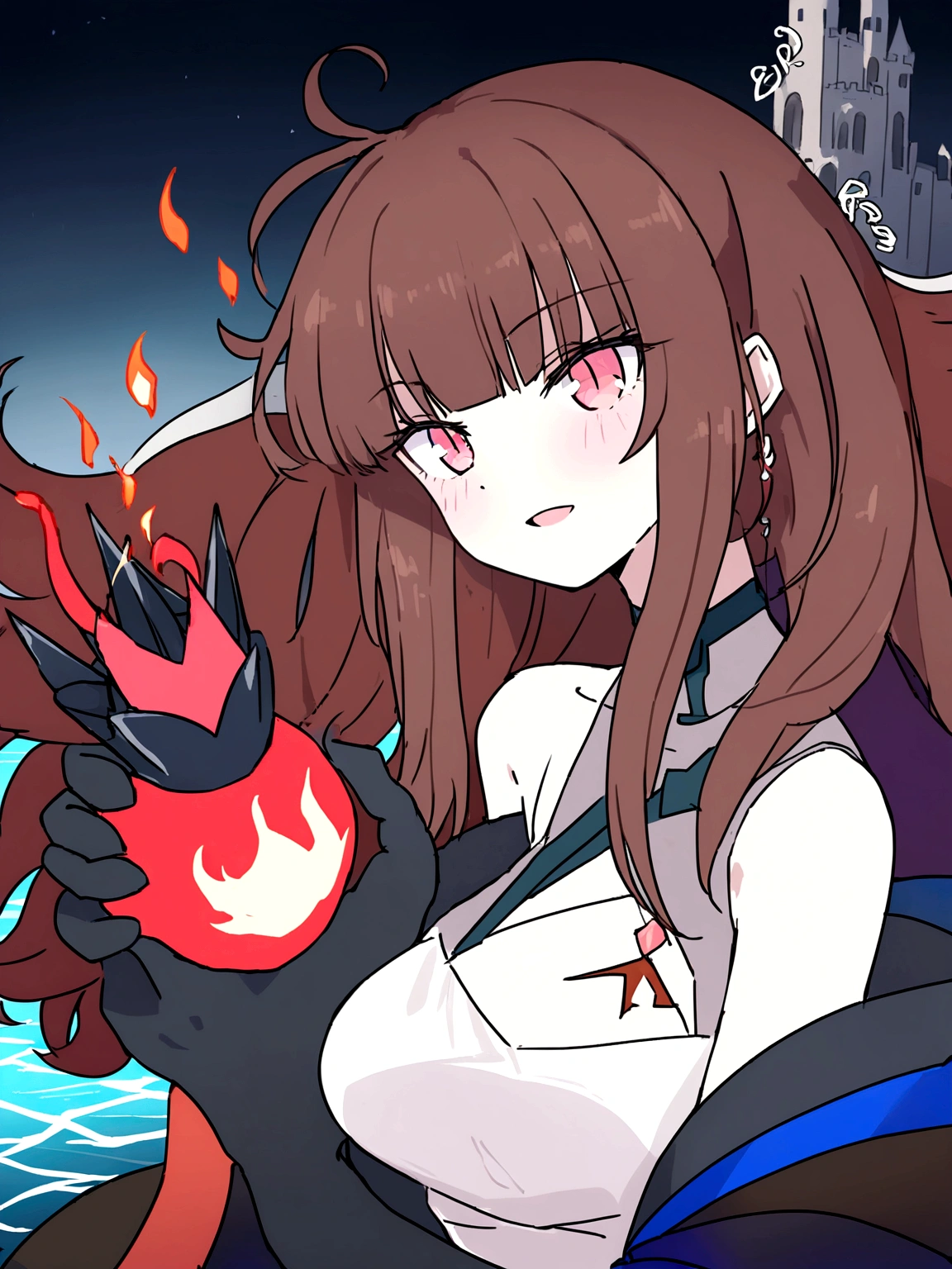 Kizi, long white hair loose , scarlet red eyes, white undershirt, black coat falling off the shoulders, Black Skirt, black transparent hose, fire and ice power, night castle in the middle of the sea