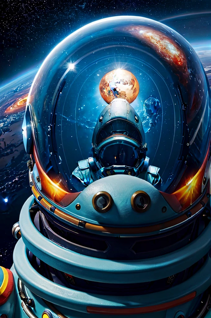 shark in a spacesuit swimming among colorful planets and stars. Detailed spacesuit with transparent helmet, inside which you can see the shark's head. Bright gas giants and rocky planets in the background. Nebulae and star clusters illuminate the scene. Realistic style with science fiction elements.