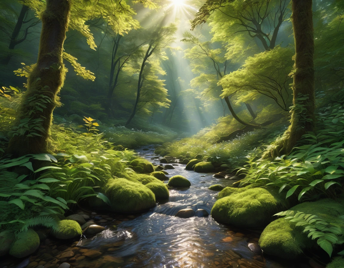 An ultra-photorealistic image of a small stream running through a dense forest bathed in the soft glow of sunlight filtering through the canopy. The image should capture the play of light and shadow on the foliage and forest floor, with wildflowers and mosses amidst the undergrowth. The lush forest should be teeming with life, the air filled with the sounds of rustling leaves and birdsong. Use a high-resolution 8k camera, a raw style, vibrant colors, particles, volumetric light and fantasy aesthetics, high contrast, high saturation, hdr