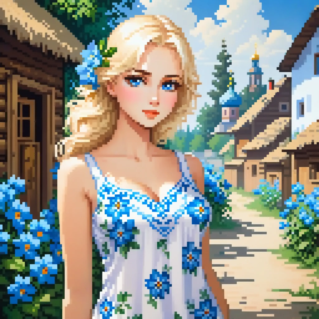 Russian girl blonde, years 23, Busty, Long neckline, short summer dress white with a pattern in the form of blue flowers, Against the background of the Russian village, summer