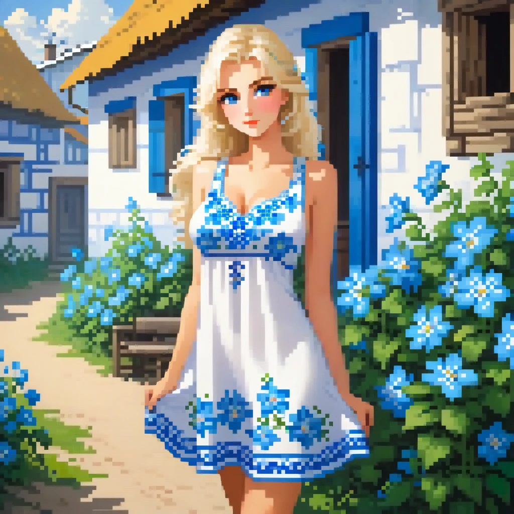 Russian girl blonde, years 23, Busty, Long neckline, short summer dress white with a pattern in the form of blue flowers, Against the background of the Russian village, summer